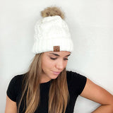 FAUX FUR CABLE KNIT BEANIE with removable Pom Pom